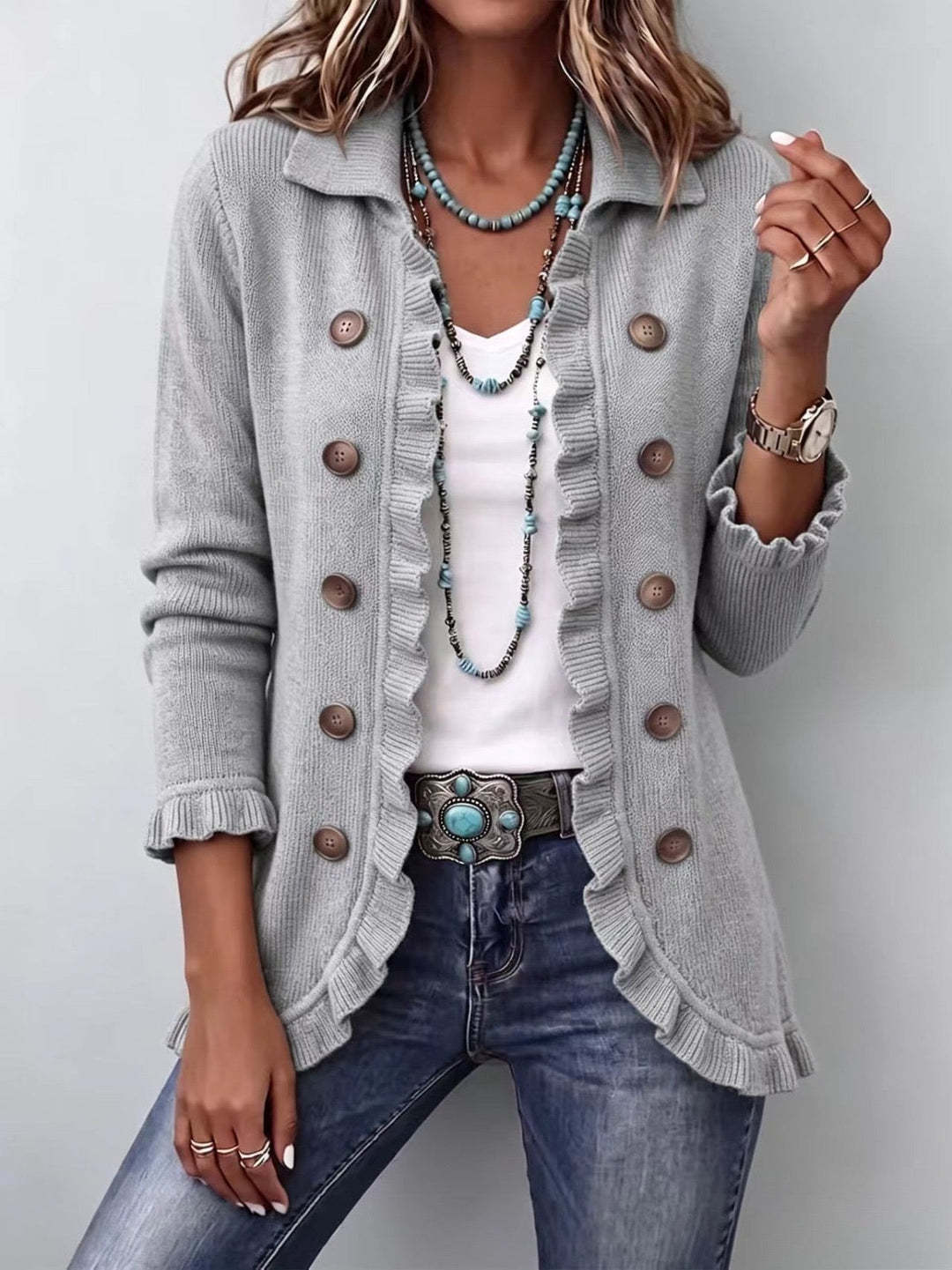 Théodora | Grey Marl Ribbed Knit Jacket with Ruffles