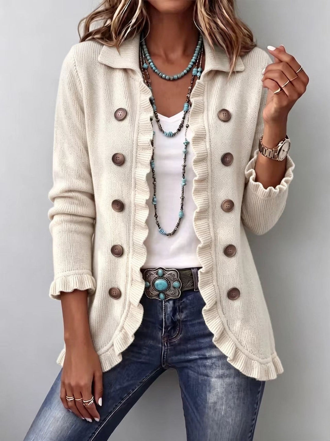 Victoire | Ivory Ribbed Knit Jacket with Ruffles