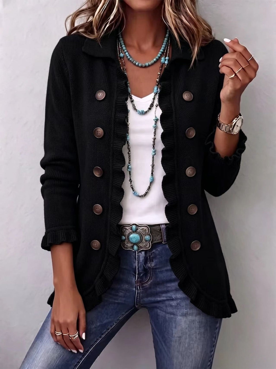 Zélie | Intense Black Ribbed Knit Jacket with Ruffles