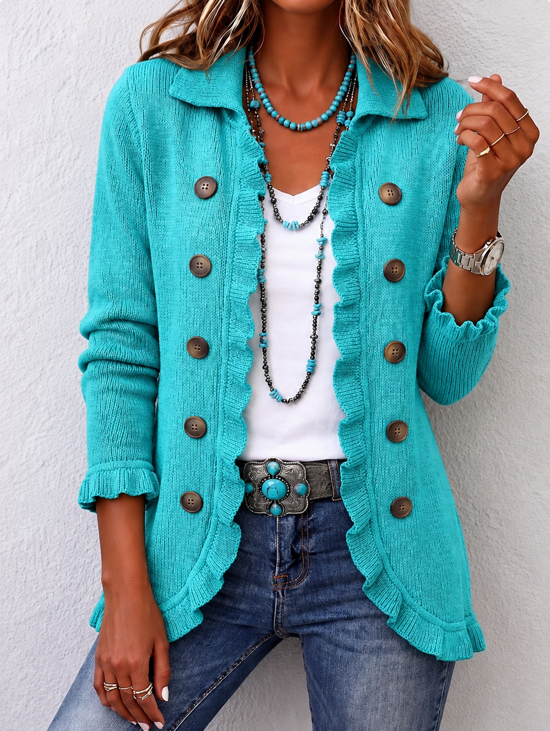 Sylvaine | Turquoise Ribbed Knit Jacket with Ruffles