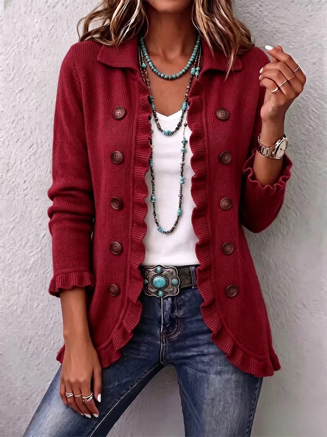 Marthe | Ruby Red Ribbed Knit Jacket with Ruffles