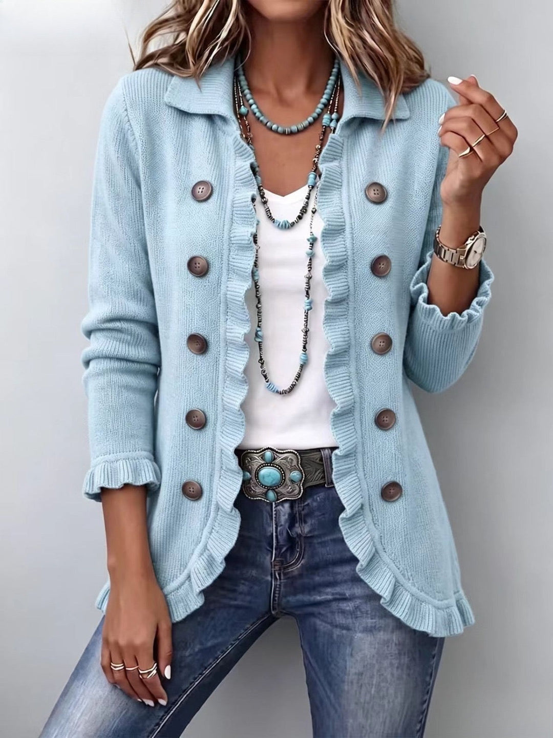 Perrine | Powder Blue Ribbed Knit Jacket with Ruffles