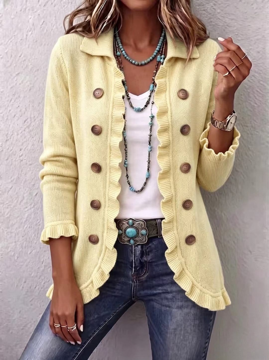 Orlane | Cream Ribbed Knit Jacket with Ruffles