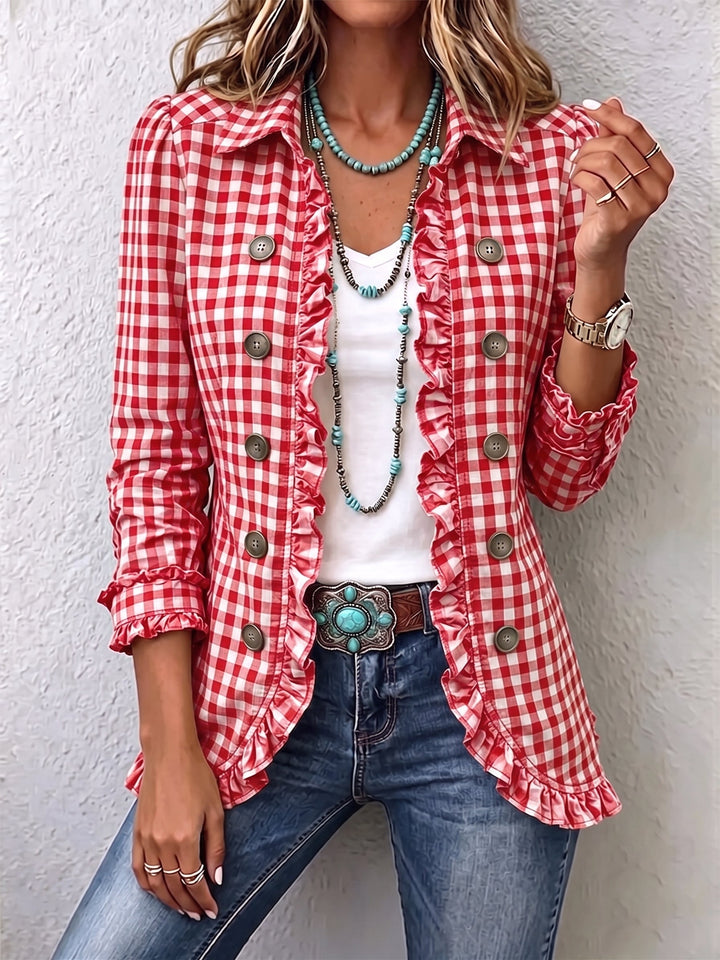 Julie | Gingham Check Jacket with Ruffles and Buttons