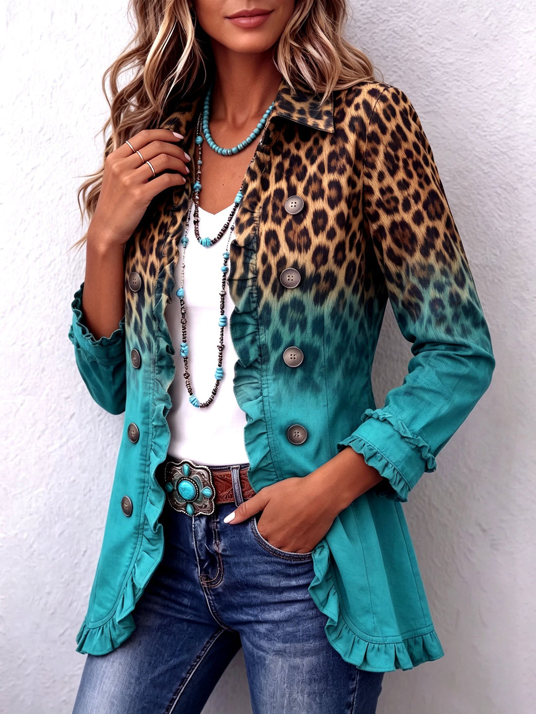 Béatrice | Turquoise Ombre Leopard Blazer with Ruffles