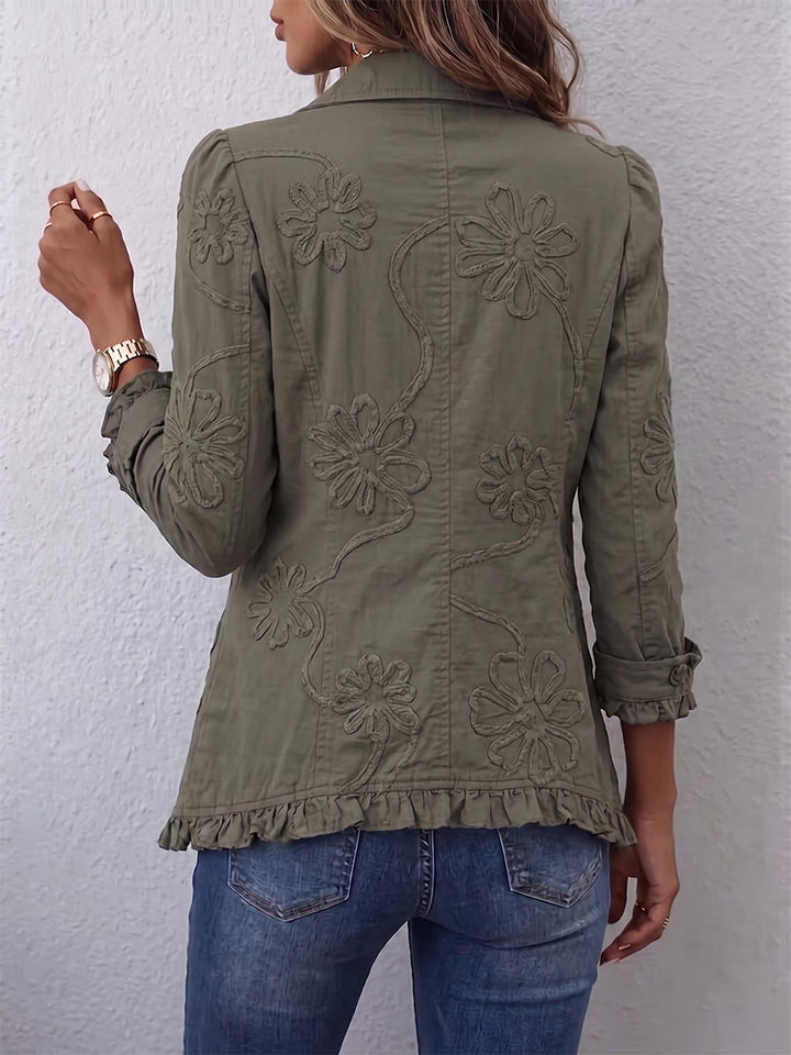 Alexandrine | Bohemian-Chic Embroidered Jacket with Retro Green Floral Design and Gathered Finishes