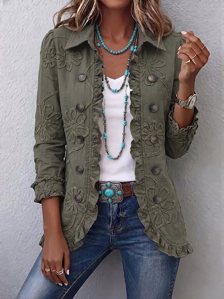 Alexandrine | Bohemian-Chic Embroidered Jacket with Retro Green Floral Design and Gathered Finishes