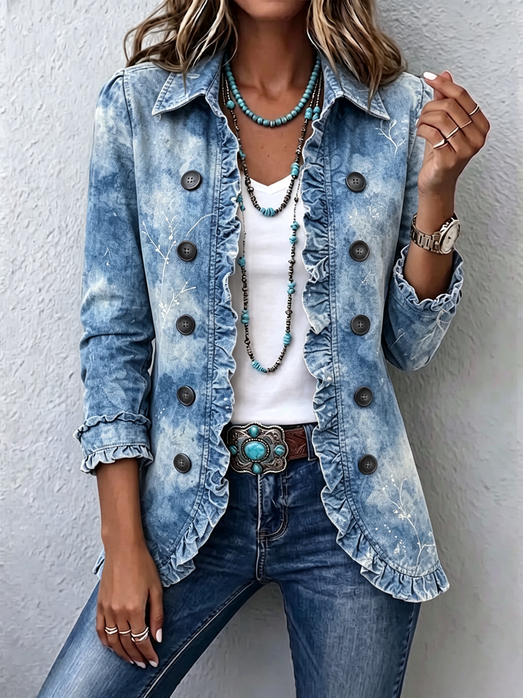 Guenièvre | Vintage Botanical Bohemian Jacket in Gradient Blue with Ruffles