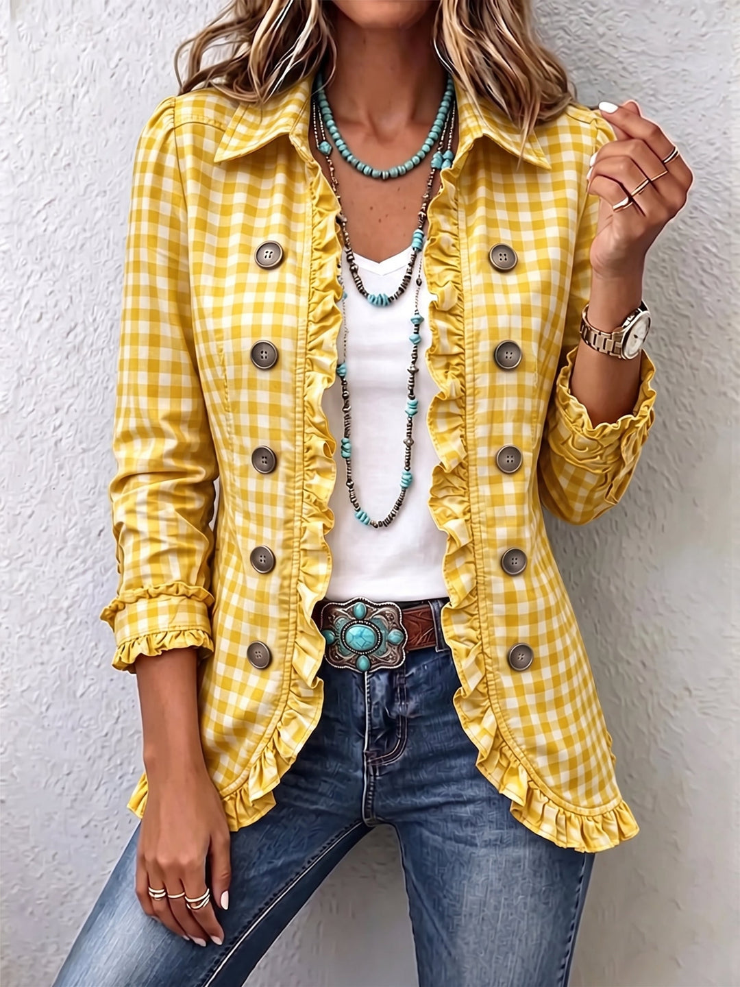 Julie | Gingham Check Jacket with Ruffles and Buttons