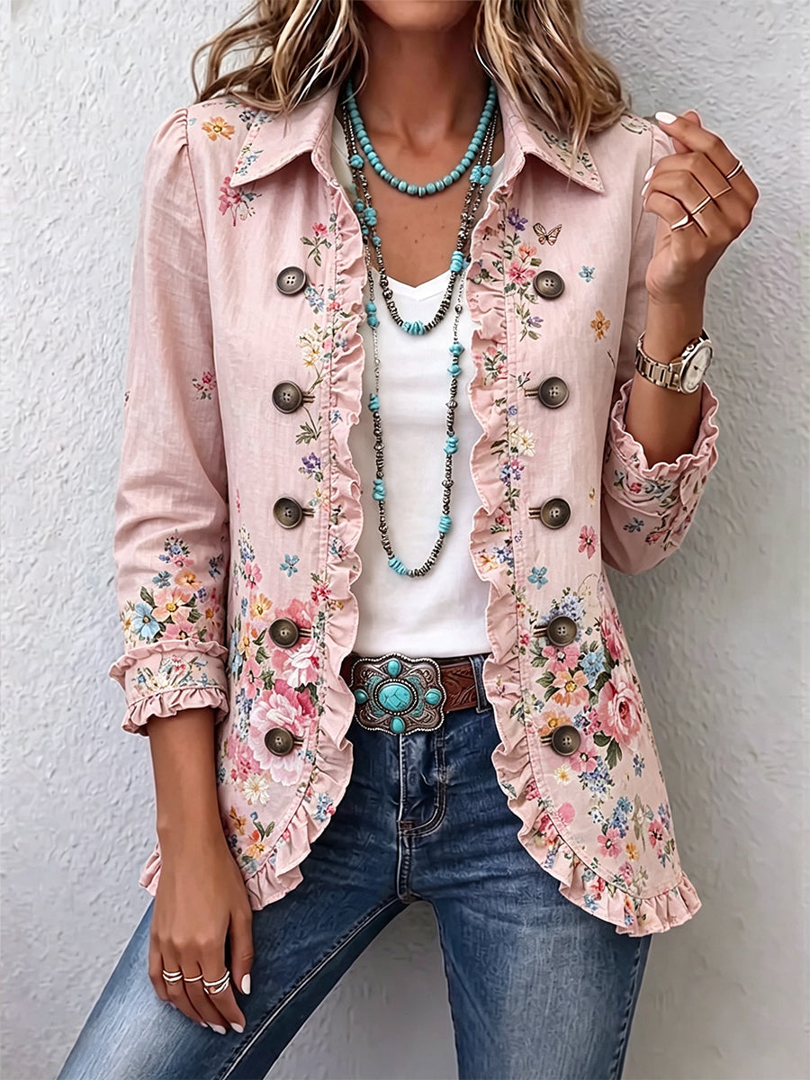 Martine | Floral Pink Ruffled Jacket with Buttons