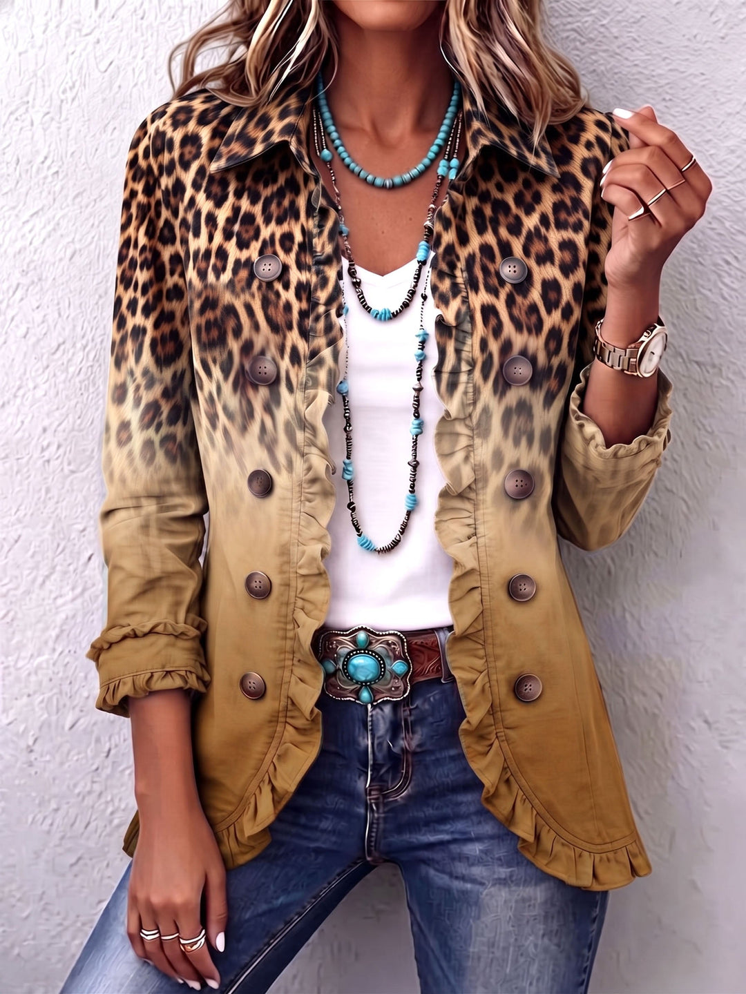 Paule | Gradual Ocher Leopard Blazer with Ruffles