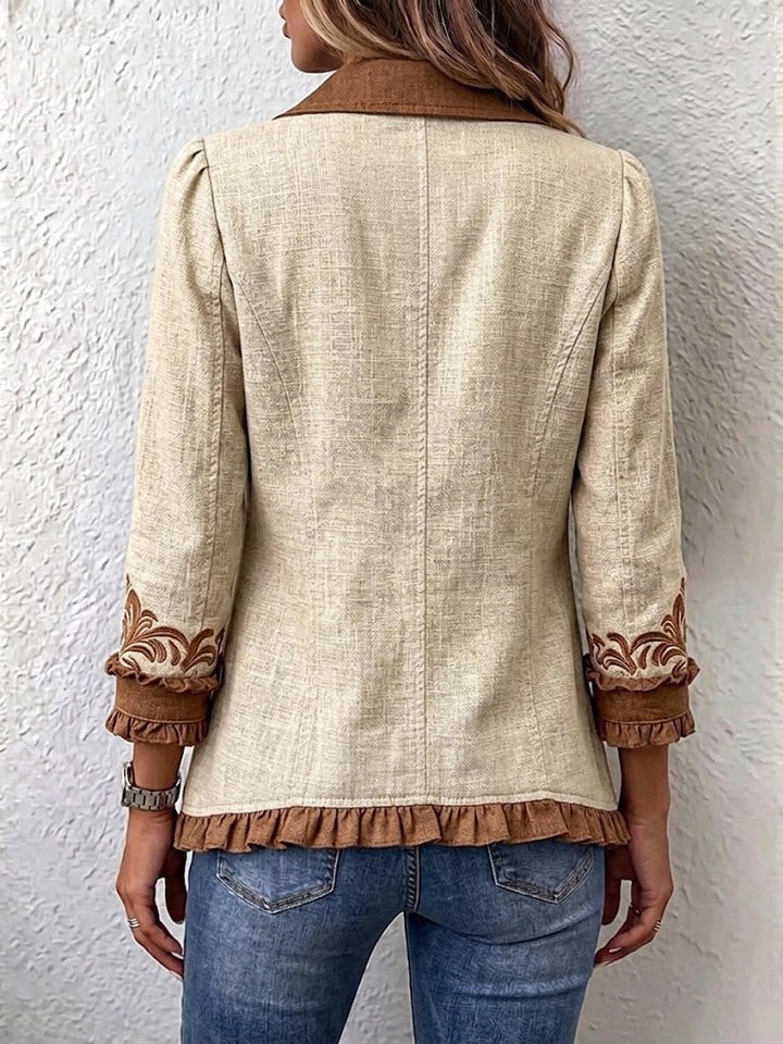 Octavie | Vintage Bohemian Floral Jacket in Camel and Brown with Ruffles