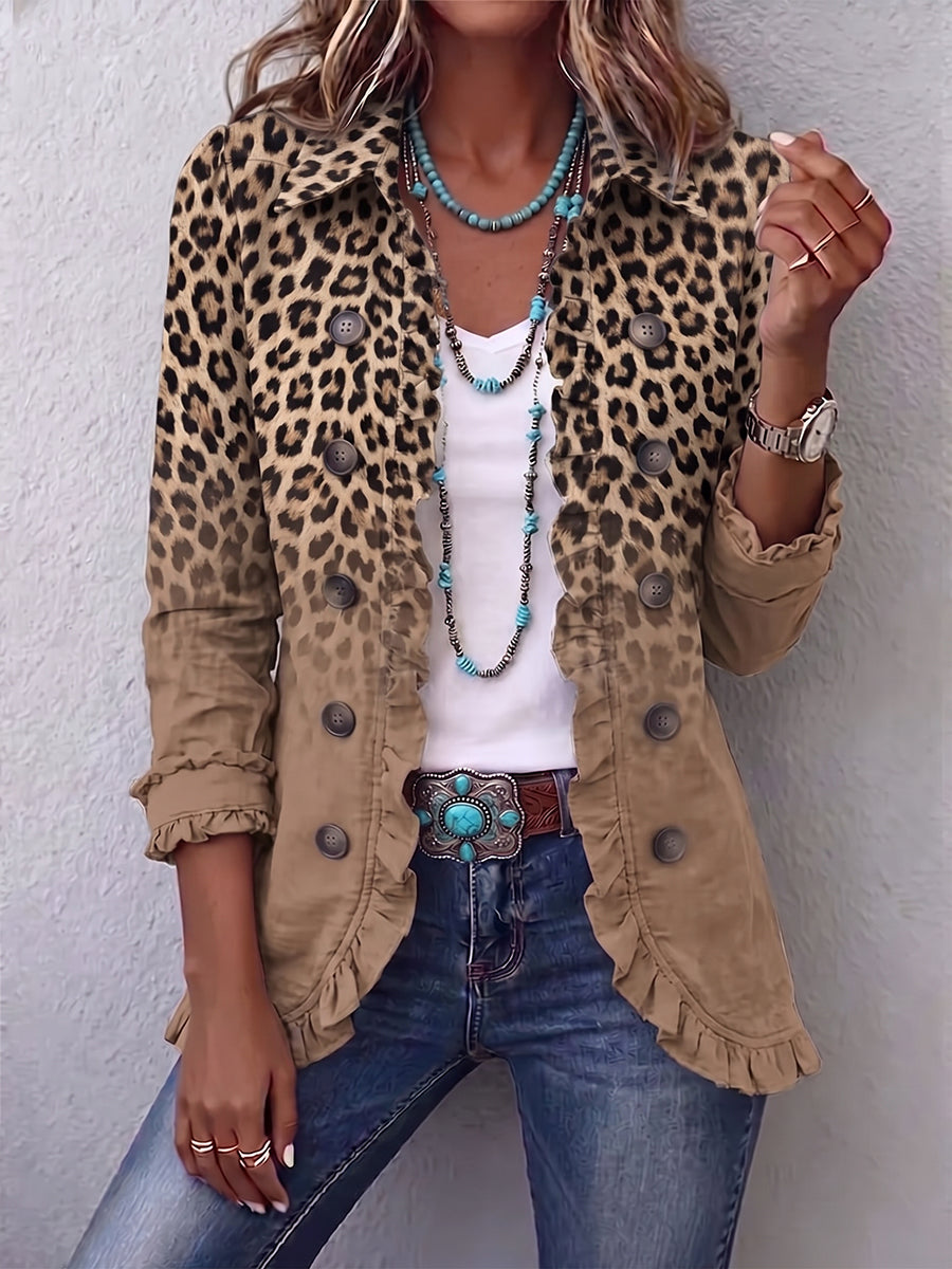 Donatienne | Vintage Leopard Gradient Camel Jacket with Ruffles
