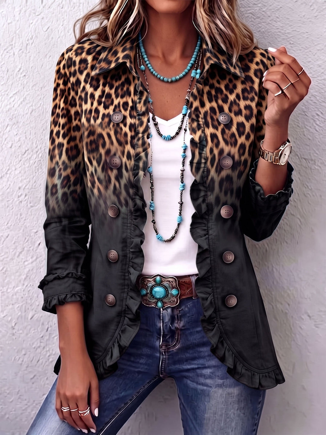 Valentine | Anthracite Gradient Leopard Blazer with Ruffles