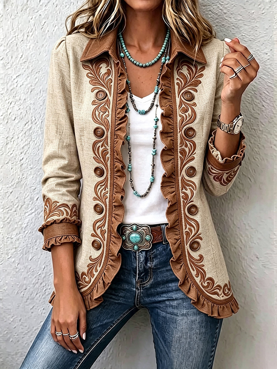Octavie | Vintage Bohemian Floral Jacket in Camel and Brown with Ruffles