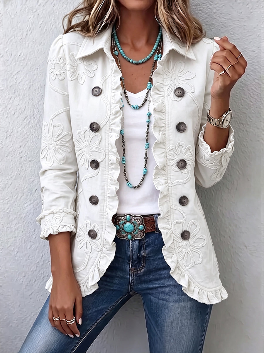 Camille | Bohemian-Chic Ivory Flower Embroidered Jacket with Gathered Finishes
