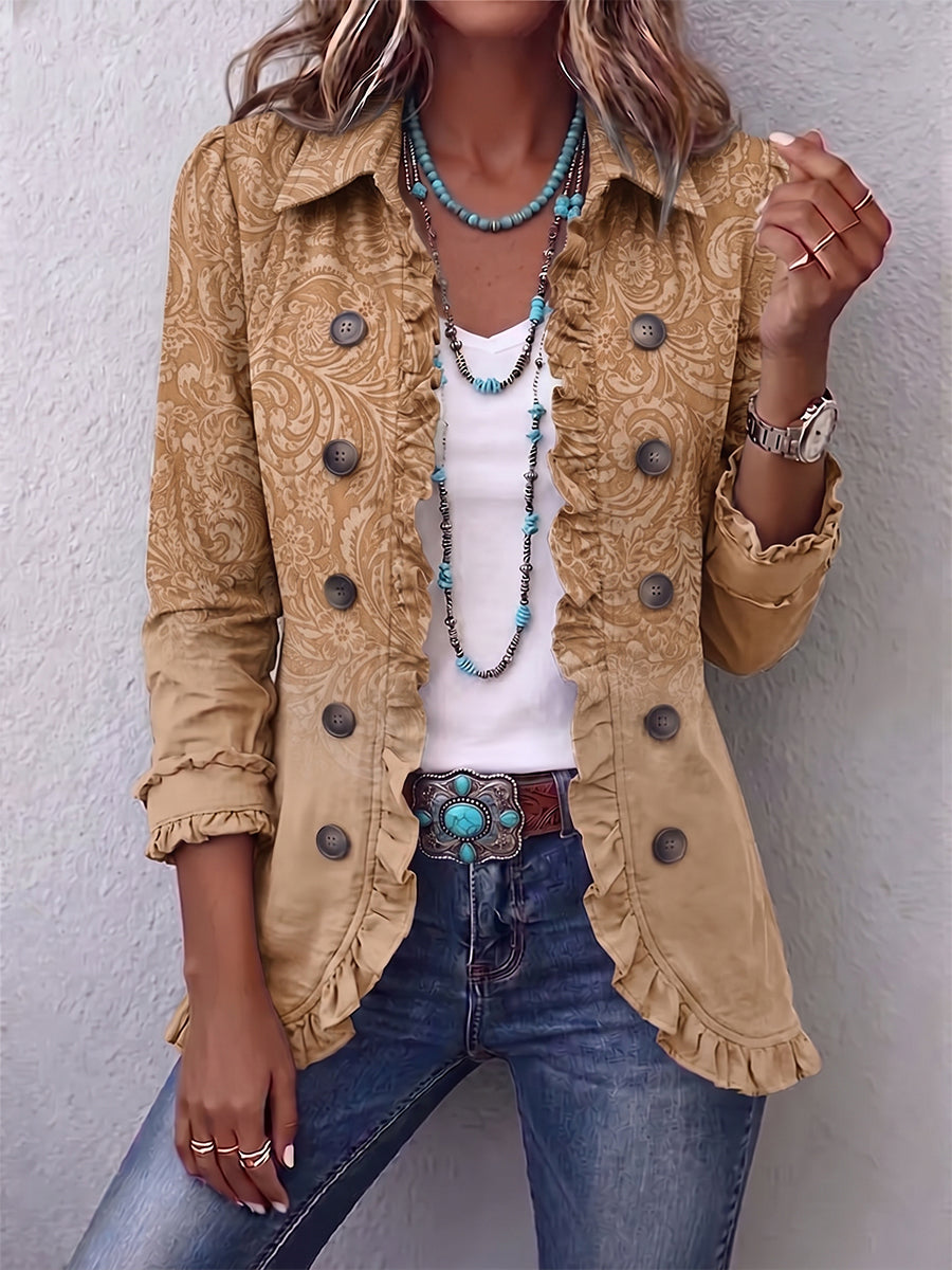 Claire | Khaki Printed Western Jacket with Ruffles